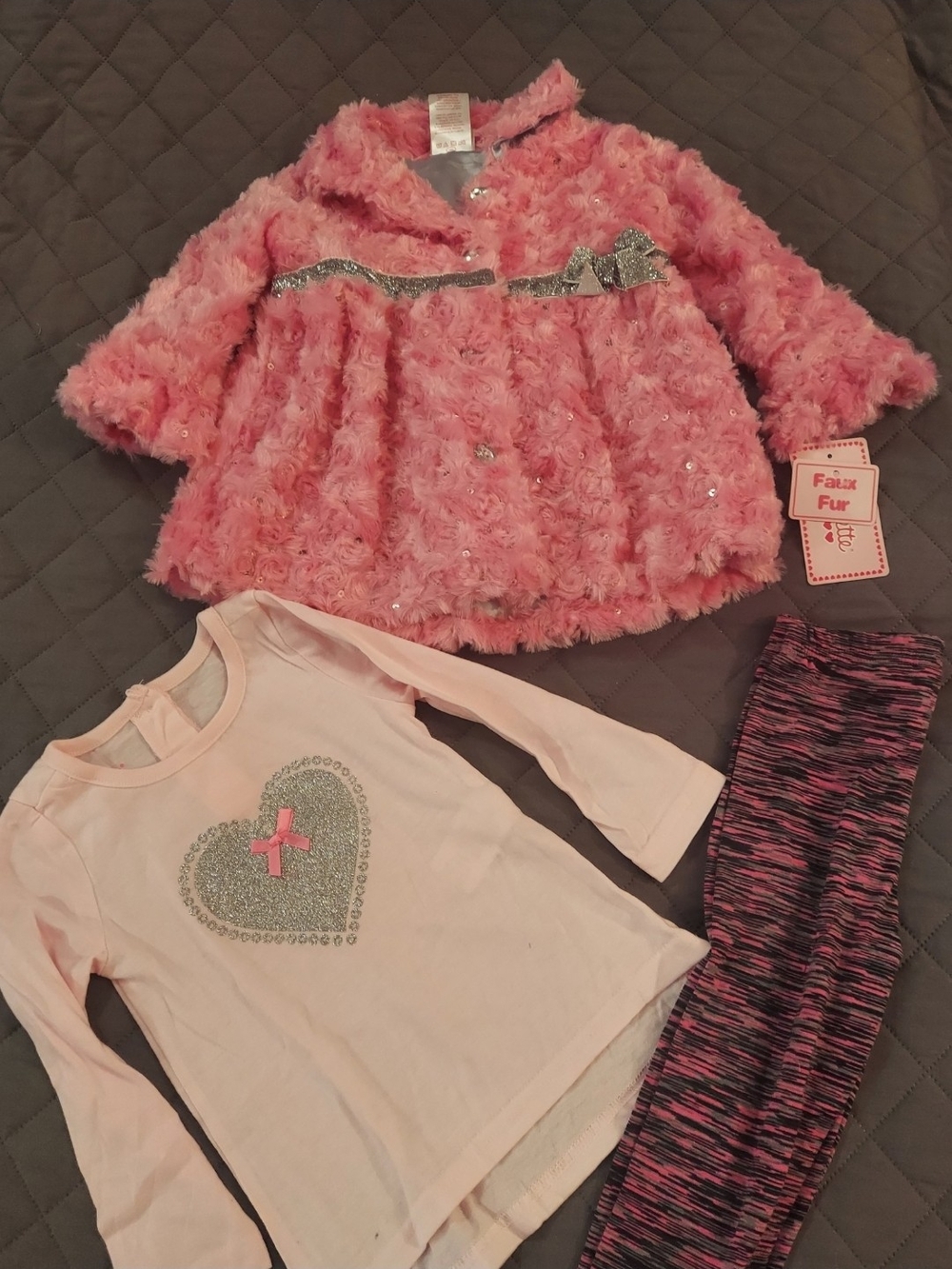 Girls Pink Faux Fur Coat & Outfit Set - Pink Top and Pink/Black Leggings
